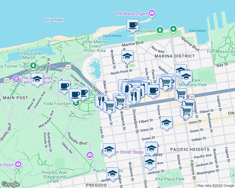 map of restaurants, bars, coffee shops, grocery stores, and more near 2534 Chestnut Street in San Francisco