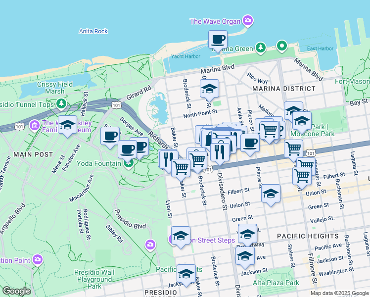 map of restaurants, bars, coffee shops, grocery stores, and more near 2534 Chestnut Street in San Francisco