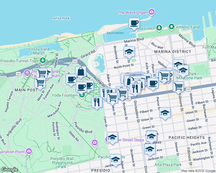 map of restaurants, bars, coffee shops, grocery stores, and more near 3159 Baker Street in San Francisco