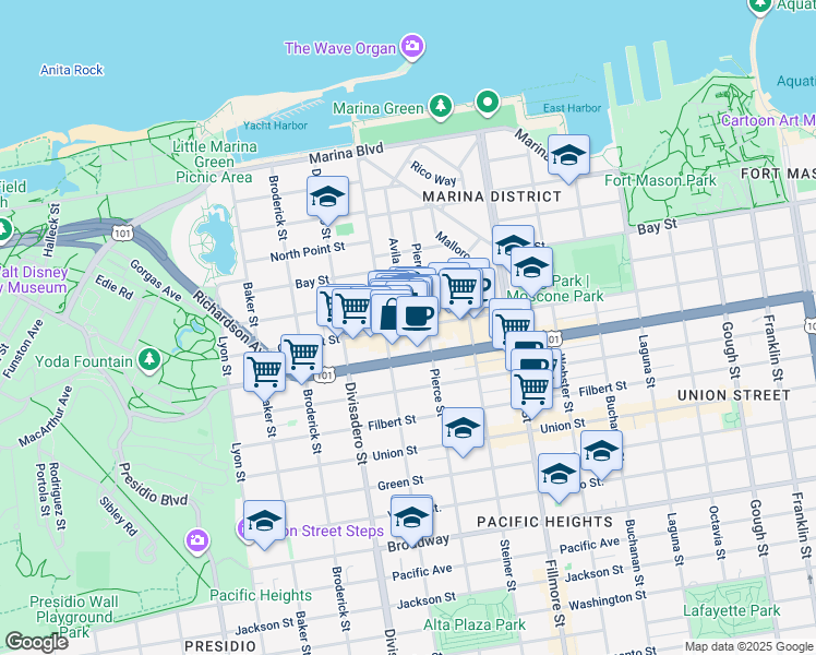 map of restaurants, bars, coffee shops, grocery stores, and more near Chestnut St & Avila St in San Francisco