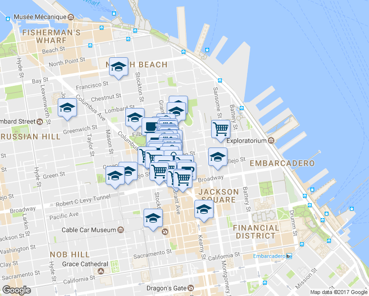 map of restaurants, bars, coffee shops, grocery stores, and more near 1333 Kearny Street in San Francisco