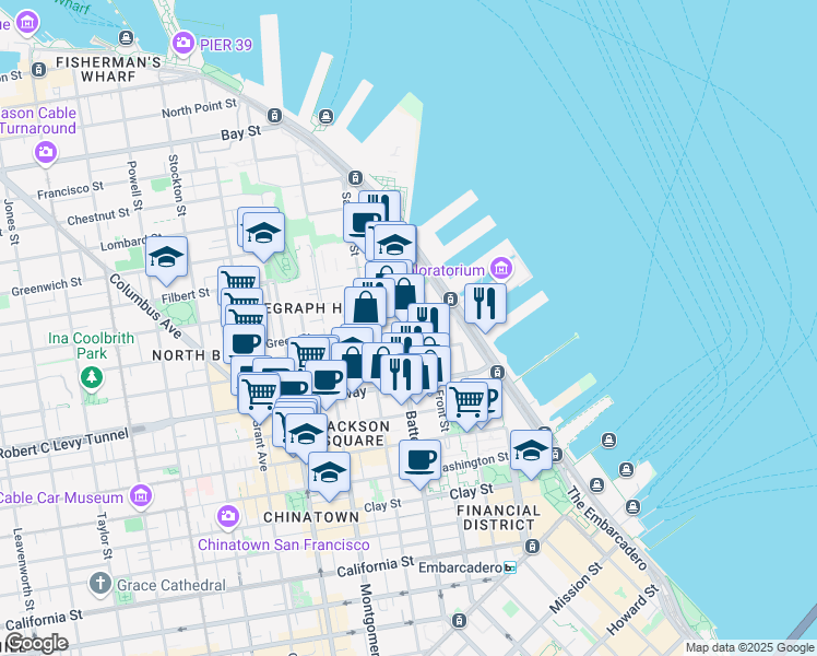 map of restaurants, bars, coffee shops, grocery stores, and more near 69 Green Street in San Francisco