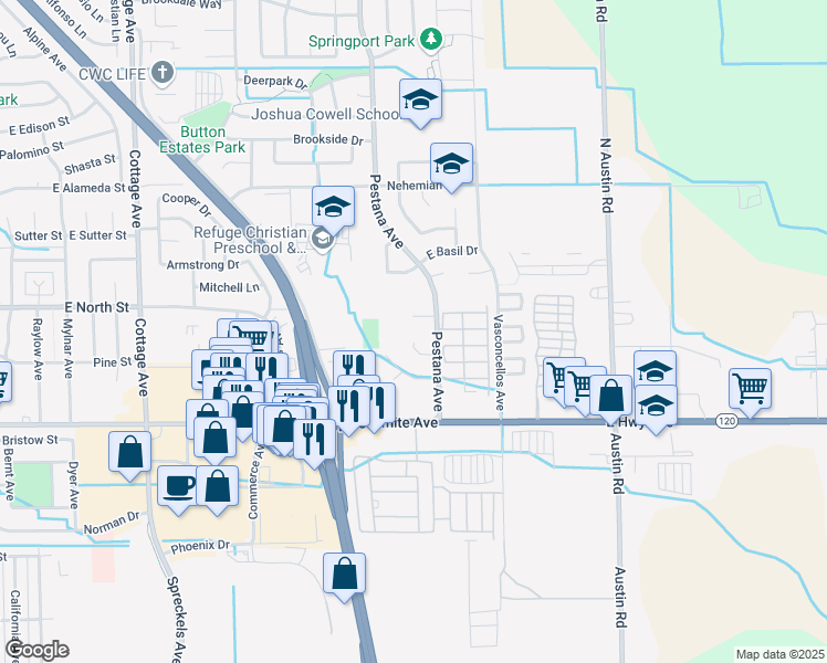 map of restaurants, bars, coffee shops, grocery stores, and more near 1809 Azure Court in Manteca