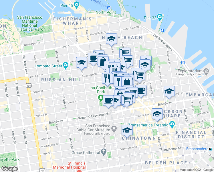 map of restaurants, bars, coffee shops, grocery stores, and more near Mason St & Kent St in San Francisco