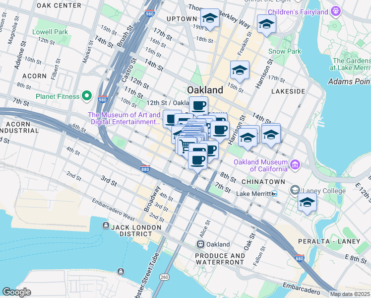 map of restaurants, bars, coffee shops, grocery stores, and more near in Oakland