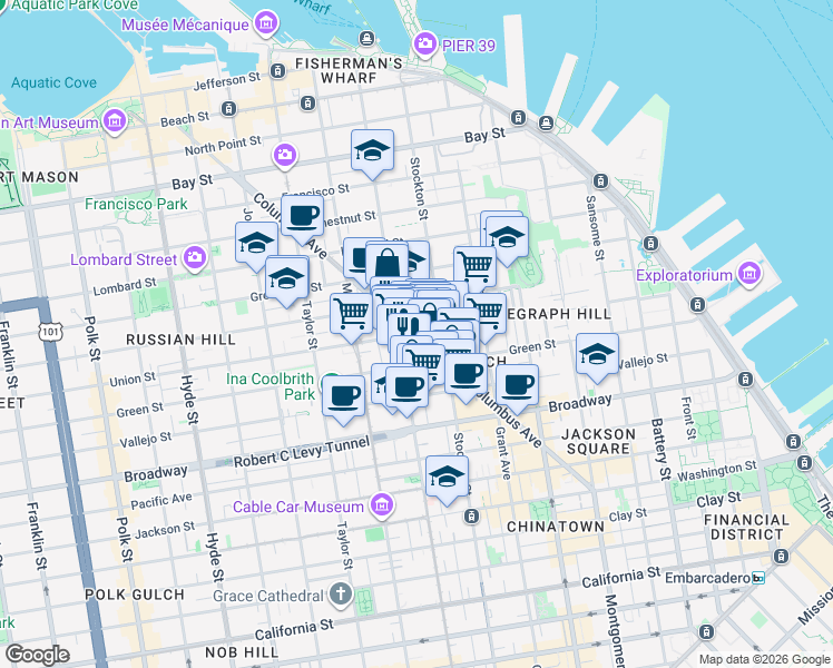 map of restaurants, bars, coffee shops, grocery stores, and more near Columbus Ave & Union St in San Francisco
