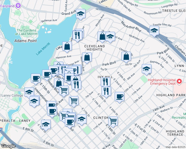 map of restaurants, bars, coffee shops, grocery stores, and more near 519 East 21st Street in Oakland
