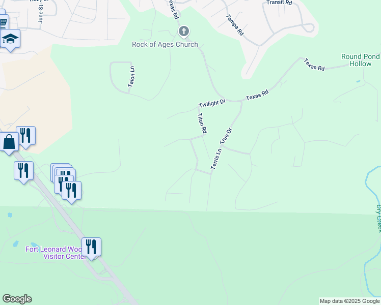 map of restaurants, bars, coffee shops, grocery stores, and more near 24605 Talladega Road in St. Robert
