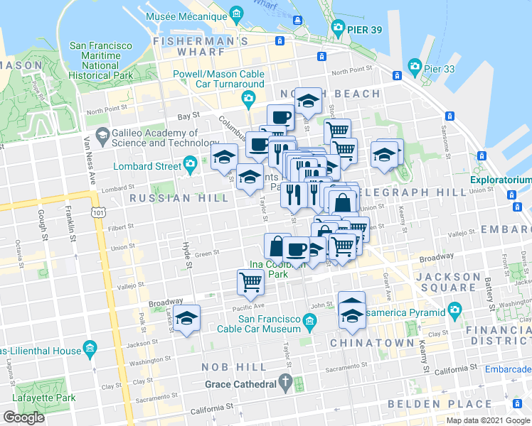 map of restaurants, bars, coffee shops, grocery stores, and more near Taylor St & Aladdin Terrace in San Francisco
