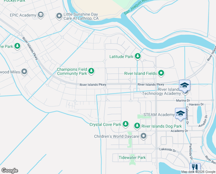 map of restaurants, bars, coffee shops, grocery stores, and more near 1912 Water Lily Drive in Lathrop