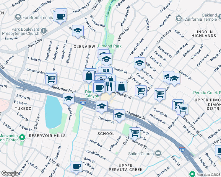 map of restaurants, bars, coffee shops, grocery stores, and more near 2240 MacArthur Boulevard in Oakland