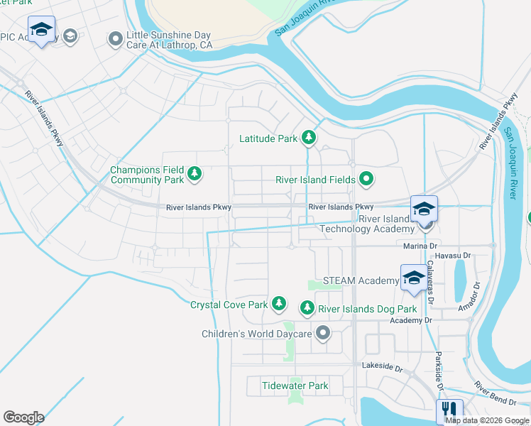 map of restaurants, bars, coffee shops, grocery stores, and more near 1800 Water Lily Court in Lathrop