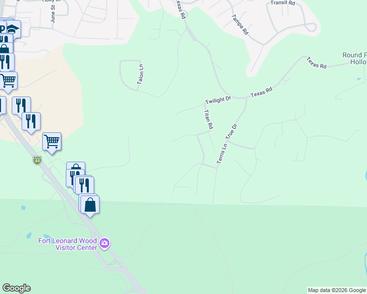 map of restaurants, bars, coffee shops, grocery stores, and more near 16580 Titan Road in Saint Robert