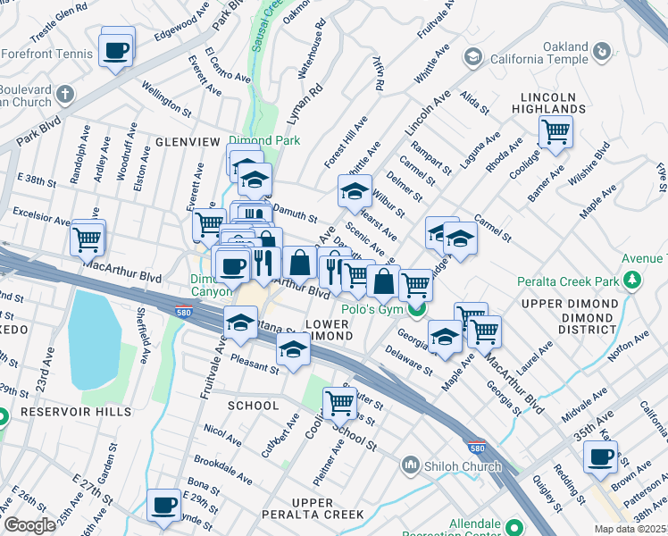 map of restaurants, bars, coffee shops, grocery stores, and more near 3556 Boston Avenue in Oakland