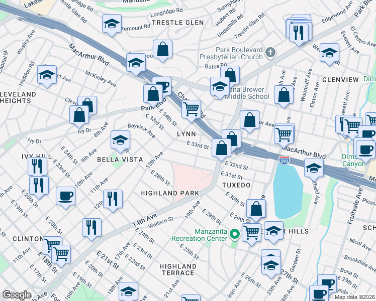 map of restaurants, bars, coffee shops, grocery stores, and more near 2 East 32nd Street in Oakland