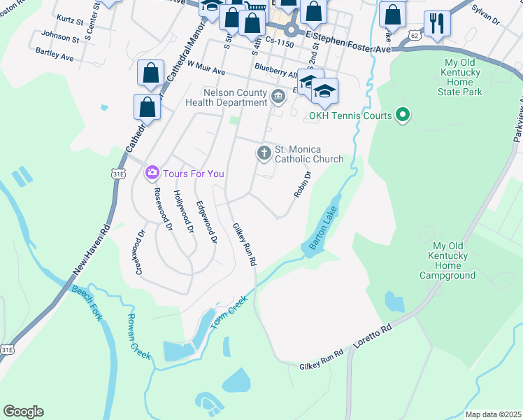 map of restaurants, bars, coffee shops, grocery stores, and more near 117 McGee Avenue in Bardstown