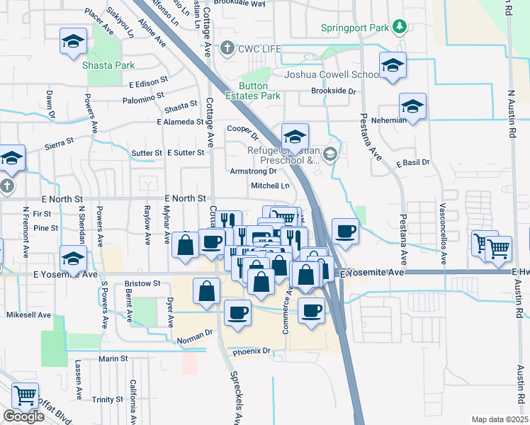 map of restaurants, bars, coffee shops, grocery stores, and more near 1300 East North Street in Manteca