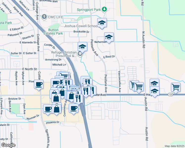 map of restaurants, bars, coffee shops, grocery stores, and more near 1820 Pennebaker Way in Manteca