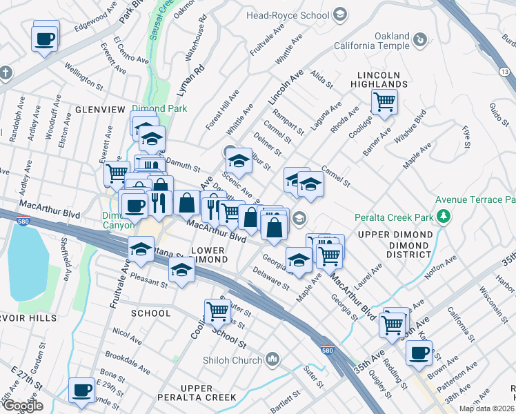 map of restaurants, bars, coffee shops, grocery stores, and more near 3600 Laguna Avenue in Oakland