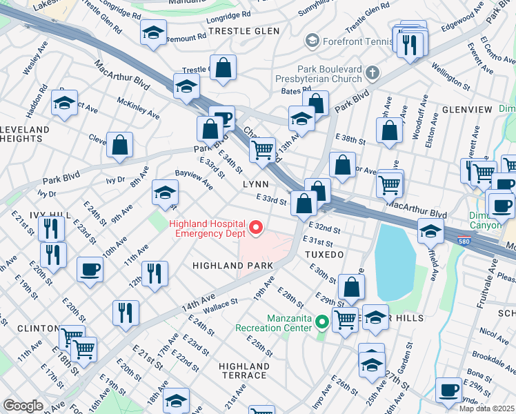 map of restaurants, bars, coffee shops, grocery stores, and more near 1373 East 32nd Street in Oakland