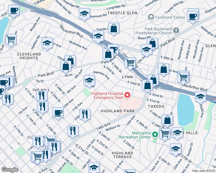 map of restaurants, bars, coffee shops, grocery stores, and more near 1153 Bella Vista Avenue in Oakland