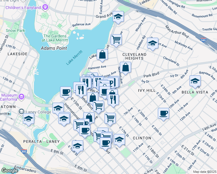 map of restaurants, bars, coffee shops, grocery stores, and more near 1834 Park Boulevard in Oakland