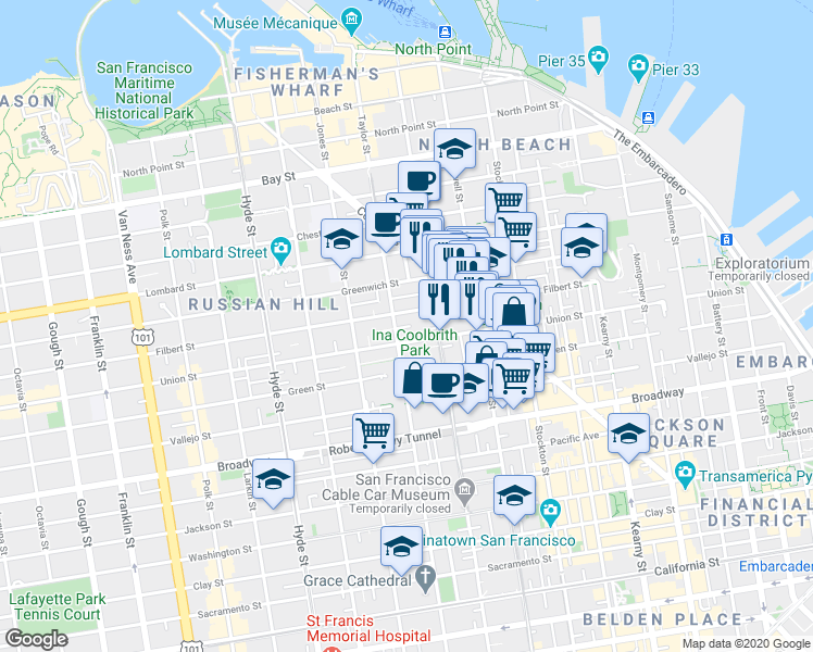 map of restaurants, bars, coffee shops, grocery stores, and more near 862 Union Street in San Francisco