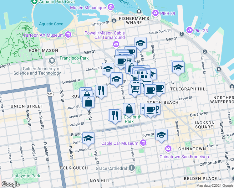 map of restaurants, bars, coffee shops, grocery stores, and more near 950 Union Street in San Francisco