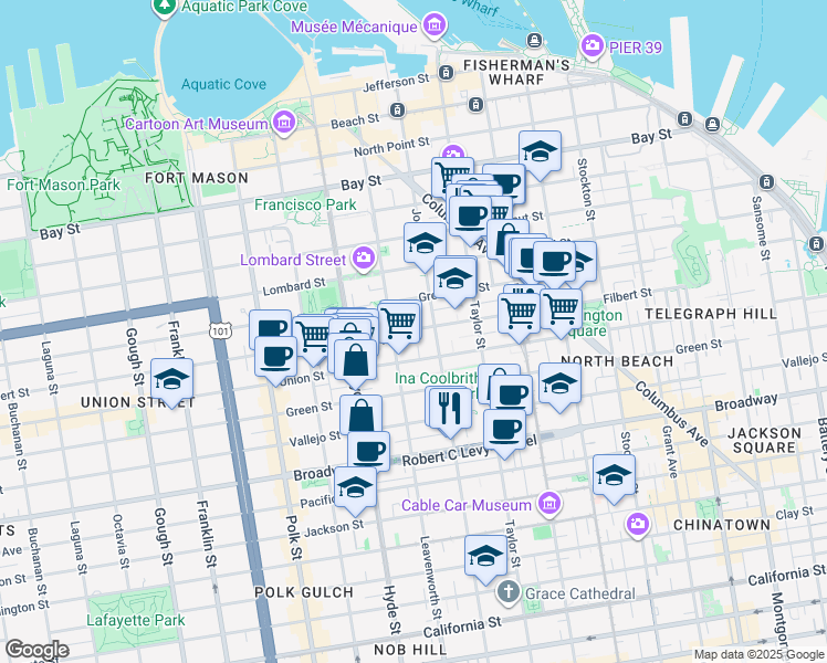 map of restaurants, bars, coffee shops, grocery stores, and more near 1041 Filbert Street in San Francisco