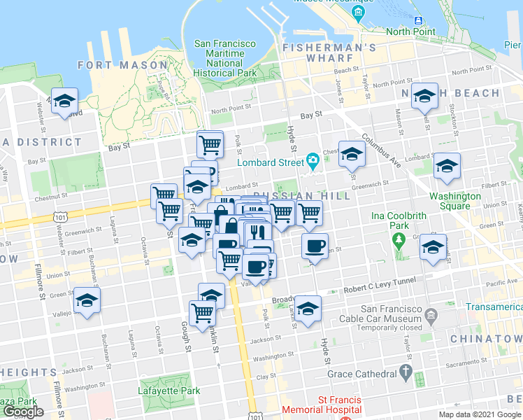 map of restaurants, bars, coffee shops, grocery stores, and more near 2512 Polk Street in San Francisco