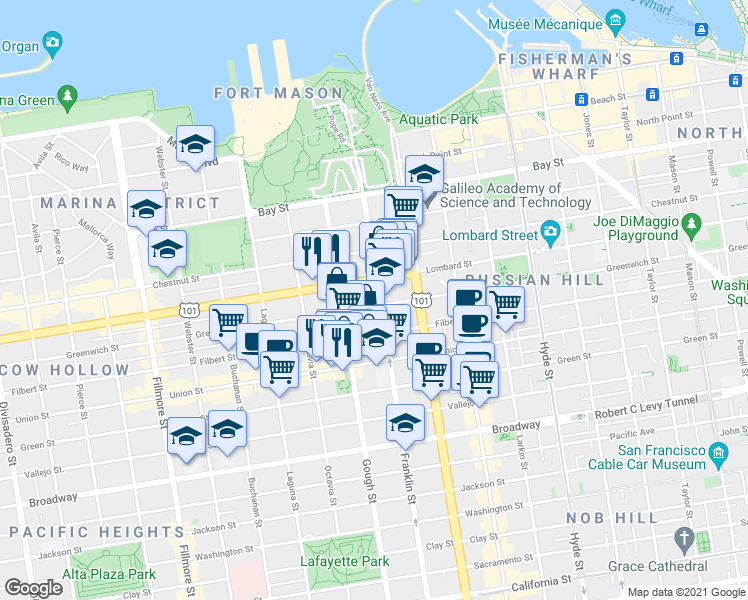 map of restaurants, bars, coffee shops, grocery stores, and more near 1661 Greenwich Street in San Francisco