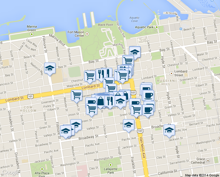 map of restaurants, bars, coffee shops, grocery stores, and more near 1661 Greenwich Street in San Francisco