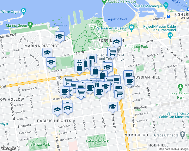 map of restaurants, bars, coffee shops, grocery stores, and more near 1750 Greenwich Street in San Francisco