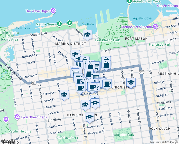 map of restaurants, bars, coffee shops, grocery stores, and more near 1880 Lombard Street in San Francisco