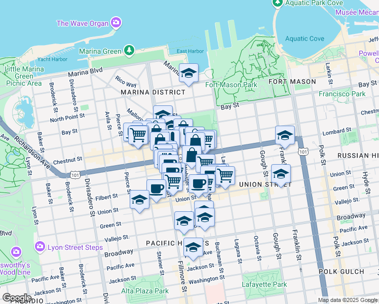 map of restaurants, bars, coffee shops, grocery stores, and more near 2020 Lombard Street in San Francisco