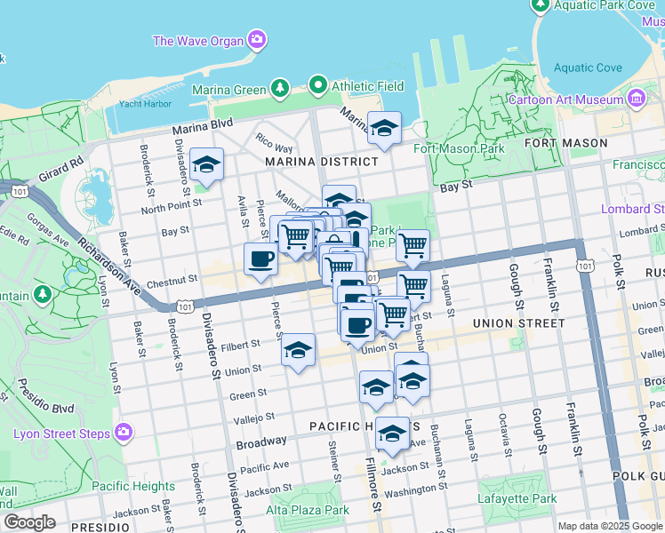 map of restaurants, bars, coffee shops, grocery stores, and more near in San Francisco