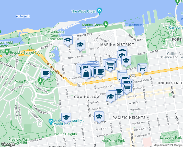 map of restaurants, bars, coffee shops, grocery stores, and more near 2355 Chestnut Street in San Francisco