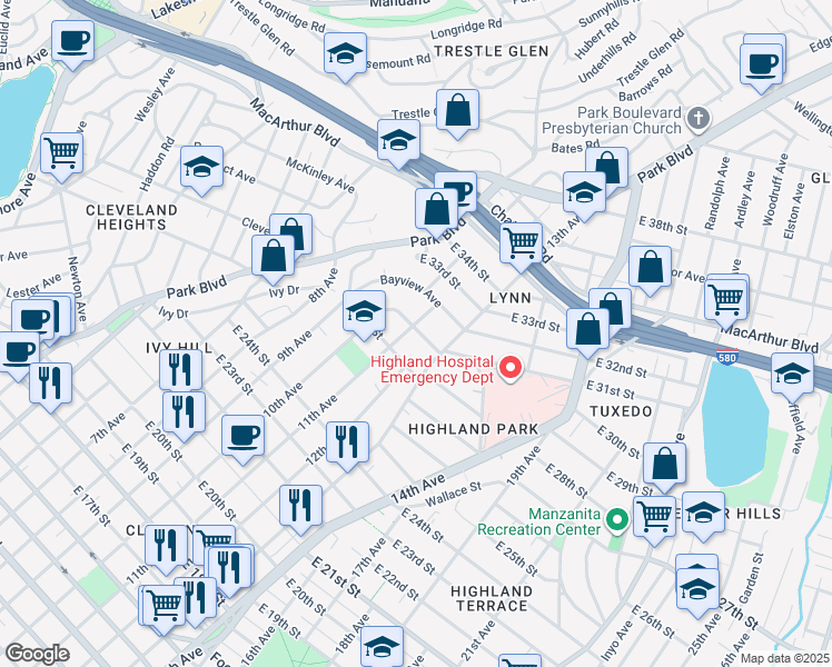 map of restaurants, bars, coffee shops, grocery stores, and more near 2840 11th Avenue in Oakland