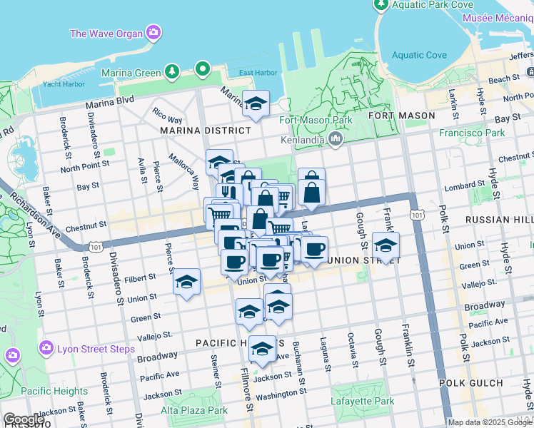 map of restaurants, bars, coffee shops, grocery stores, and more near 1880 Lombard Street in San Francisco