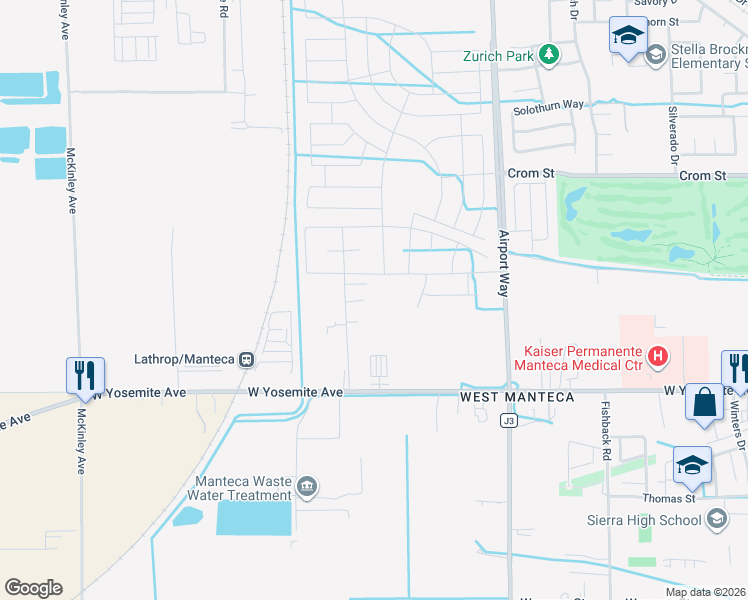 map of restaurants, bars, coffee shops, grocery stores, and more near 218 Swanson Road in Manteca