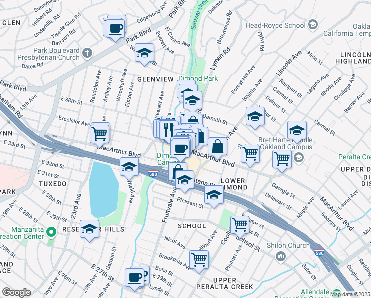 map of restaurants, bars, coffee shops, grocery stores, and more near 2224 MacArthur Boulevard in Oakland
