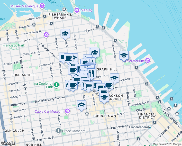 map of restaurants, bars, coffee shops, grocery stores, and more near 1454 Grant Avenue in San Francisco