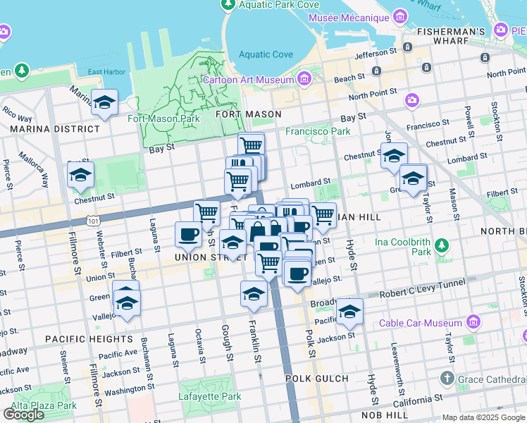 map of restaurants, bars, coffee shops, grocery stores, and more near Van Ness Ave & Greenwich St in San Francisco