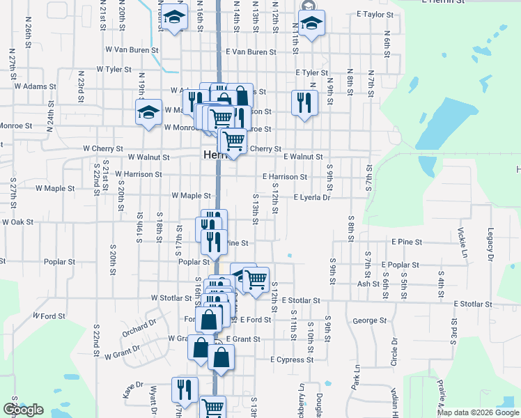map of restaurants, bars, coffee shops, grocery stores, and more near 310-398 East Oak Street in Herrin
