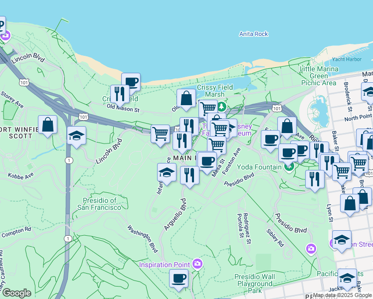 map of restaurants, bars, coffee shops, grocery stores, and more near 101 Taylor Road in San Francisco