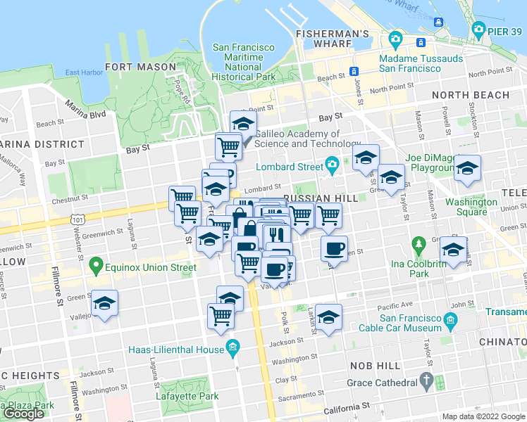 map of restaurants, bars, coffee shops, grocery stores, and more near 2512 Polk Street in San Francisco