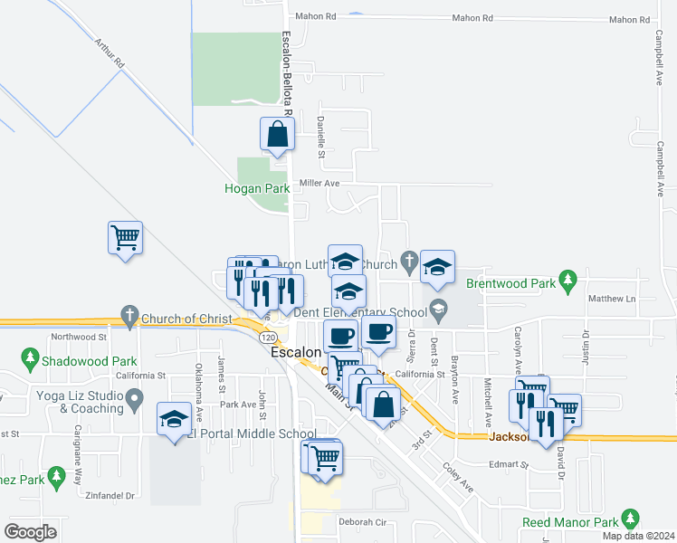 map of restaurants, bars, coffee shops, grocery stores, and more near 1528 Yosemite Avenue in Escalon