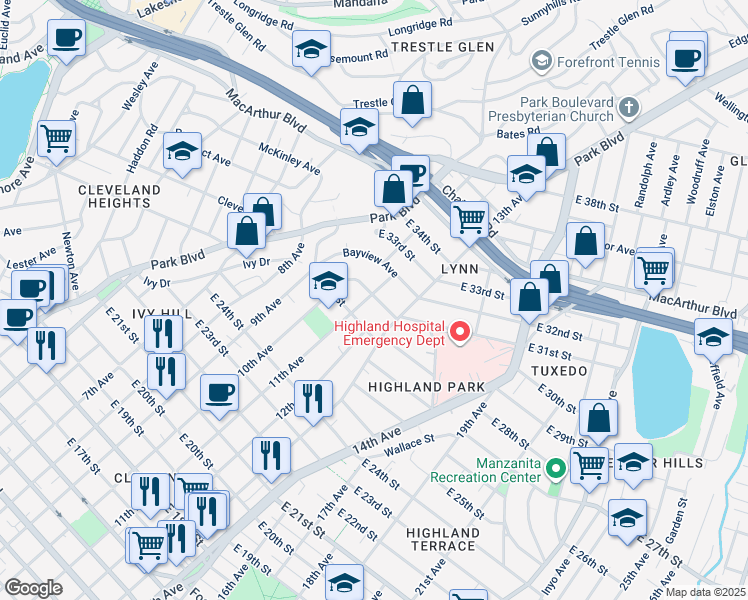 map of restaurants, bars, coffee shops, grocery stores, and more near 2840 11th Avenue in Oakland