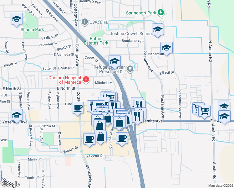 map of restaurants, bars, coffee shops, grocery stores, and more near 264 Northwoods Avenue in Manteca