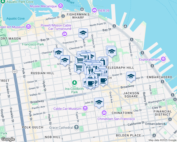 map of restaurants, bars, coffee shops, grocery stores, and more near 1717 Powell Street in San Francisco